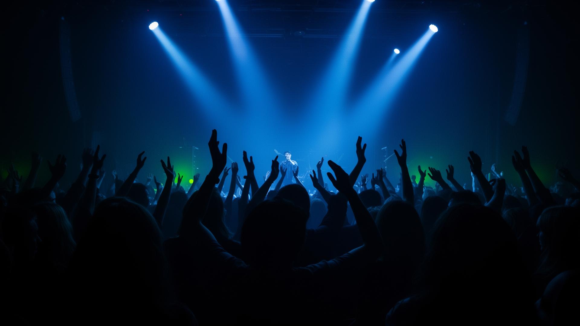 Worship crowd with raised hands under blue stage lights
